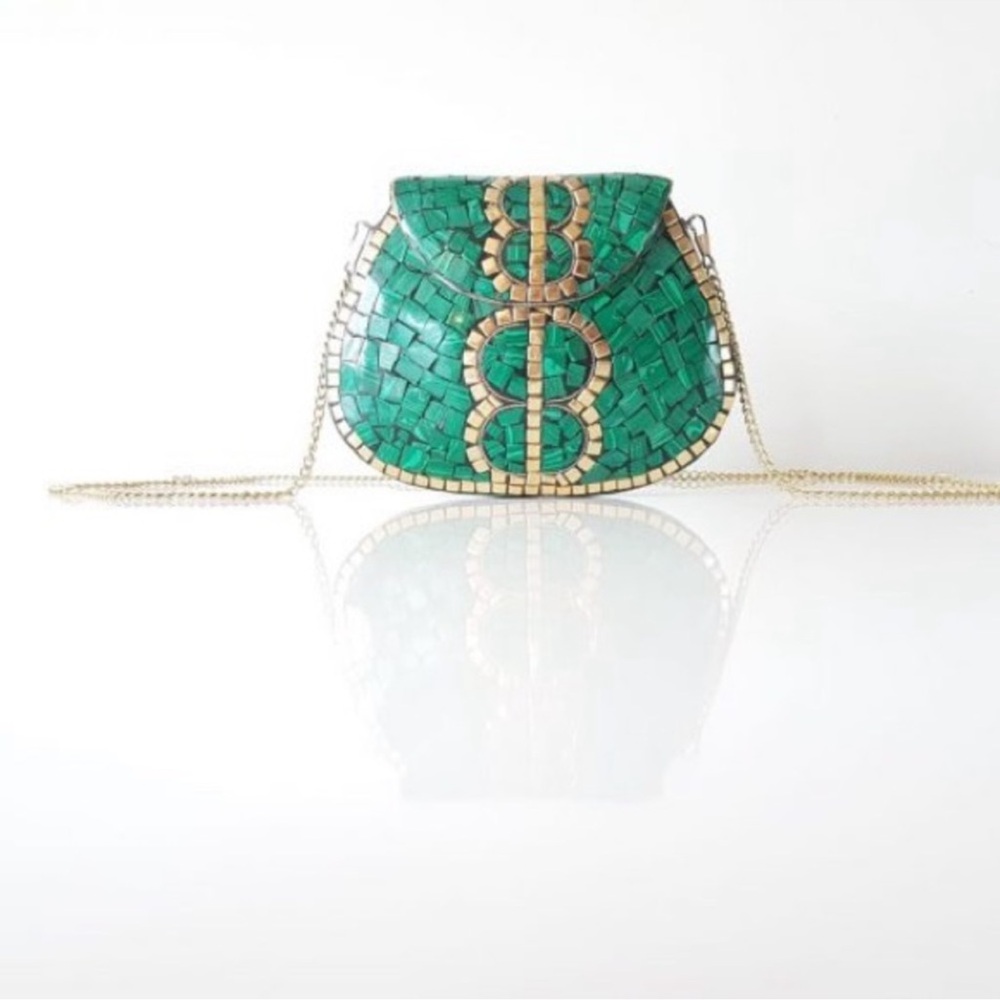 Ramla - Chic Green Mosaic Clutch with Gold Accents